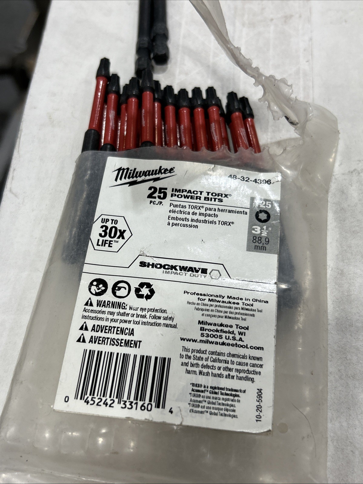 25 Pack Of Milwaukee 48-32-4396 T25 Torx Shockwave Impact 3-1/2" Power Bits