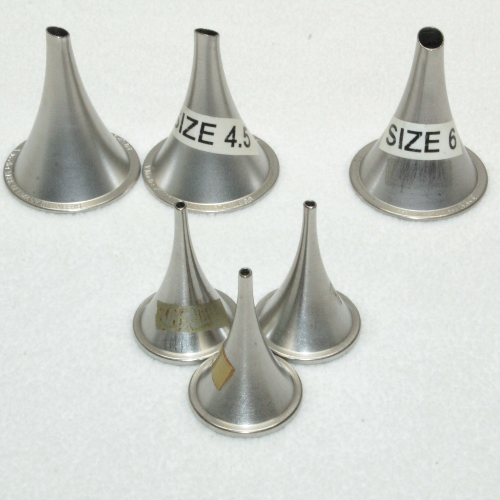 Ear Speculums, Lot of 6: V Mueller AU5233 Sz 4.5, Jarit Sz 5, Misc Smaller