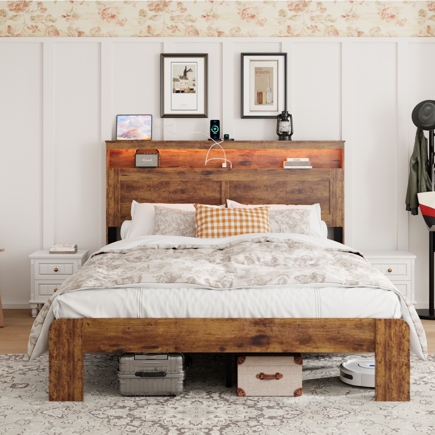 Queen/King Size Bed Frame Wood Platform Bed w/ LED Light Headboard & USB Ports