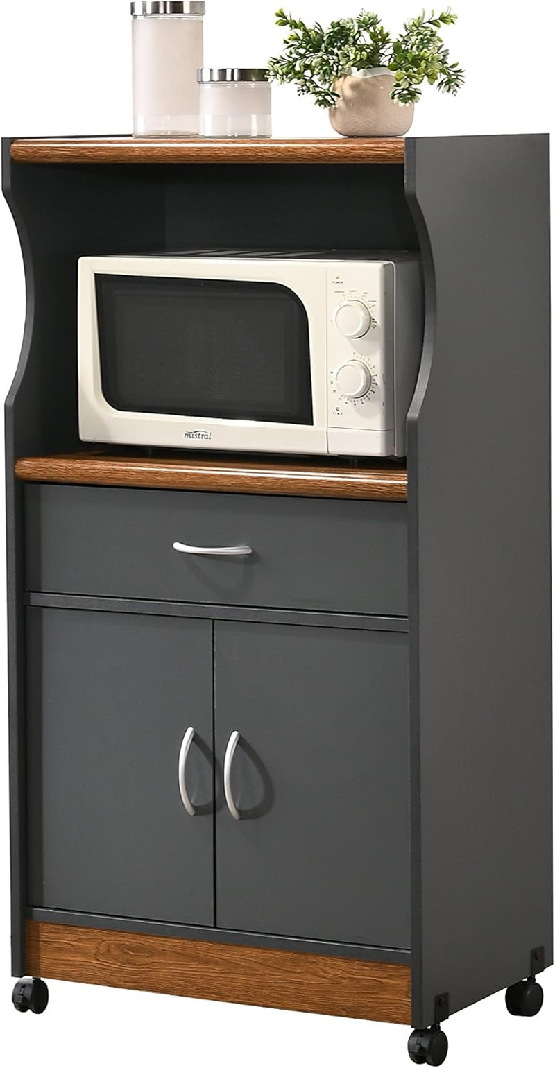 IMPORT Grey-Oak Microwave Cart with Storage Drawer and Doors