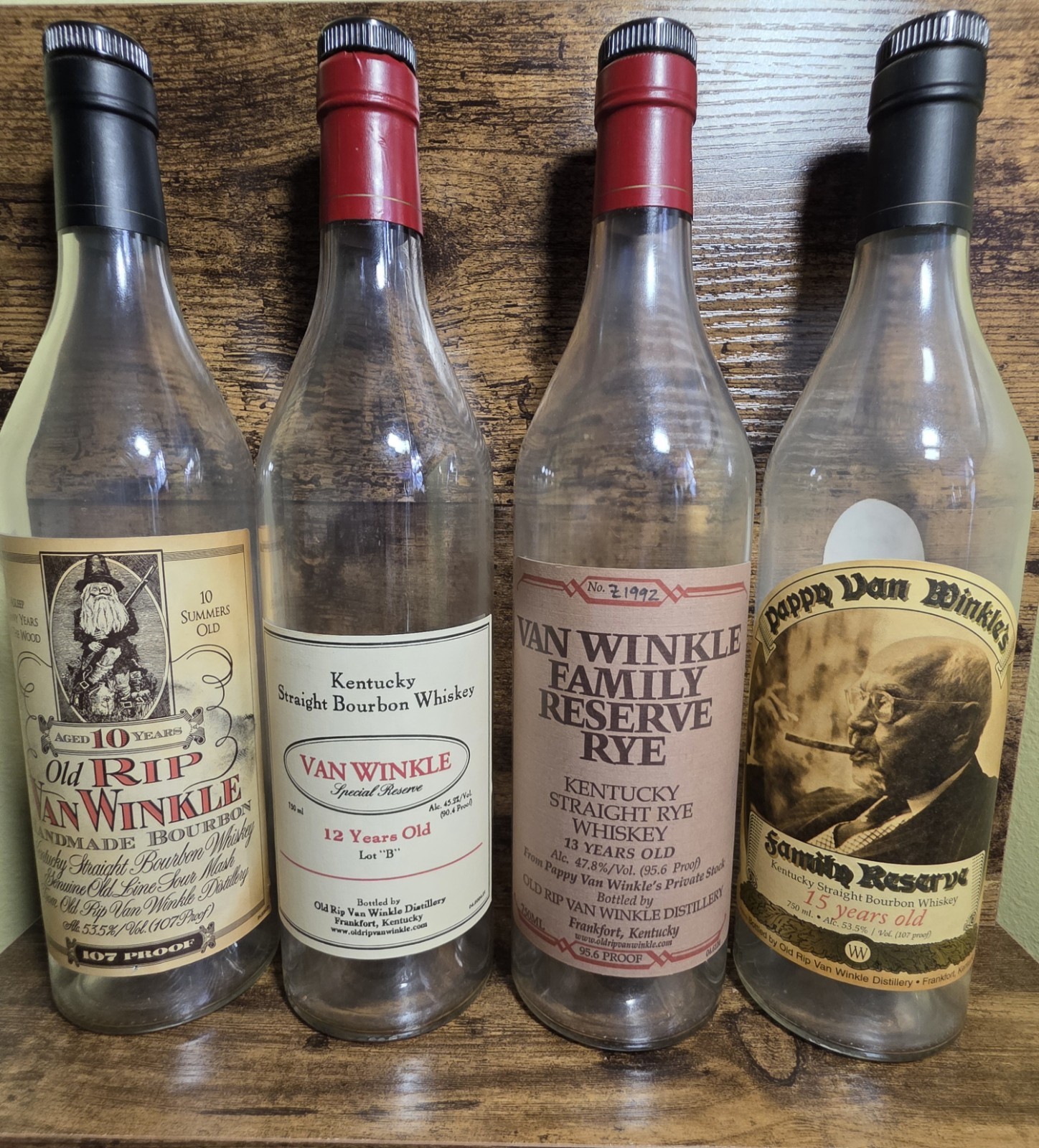 Pappy 15, Reserve Rye 13, Van Winkle lot B 12yr, Van Winkle 10yr empty bottles