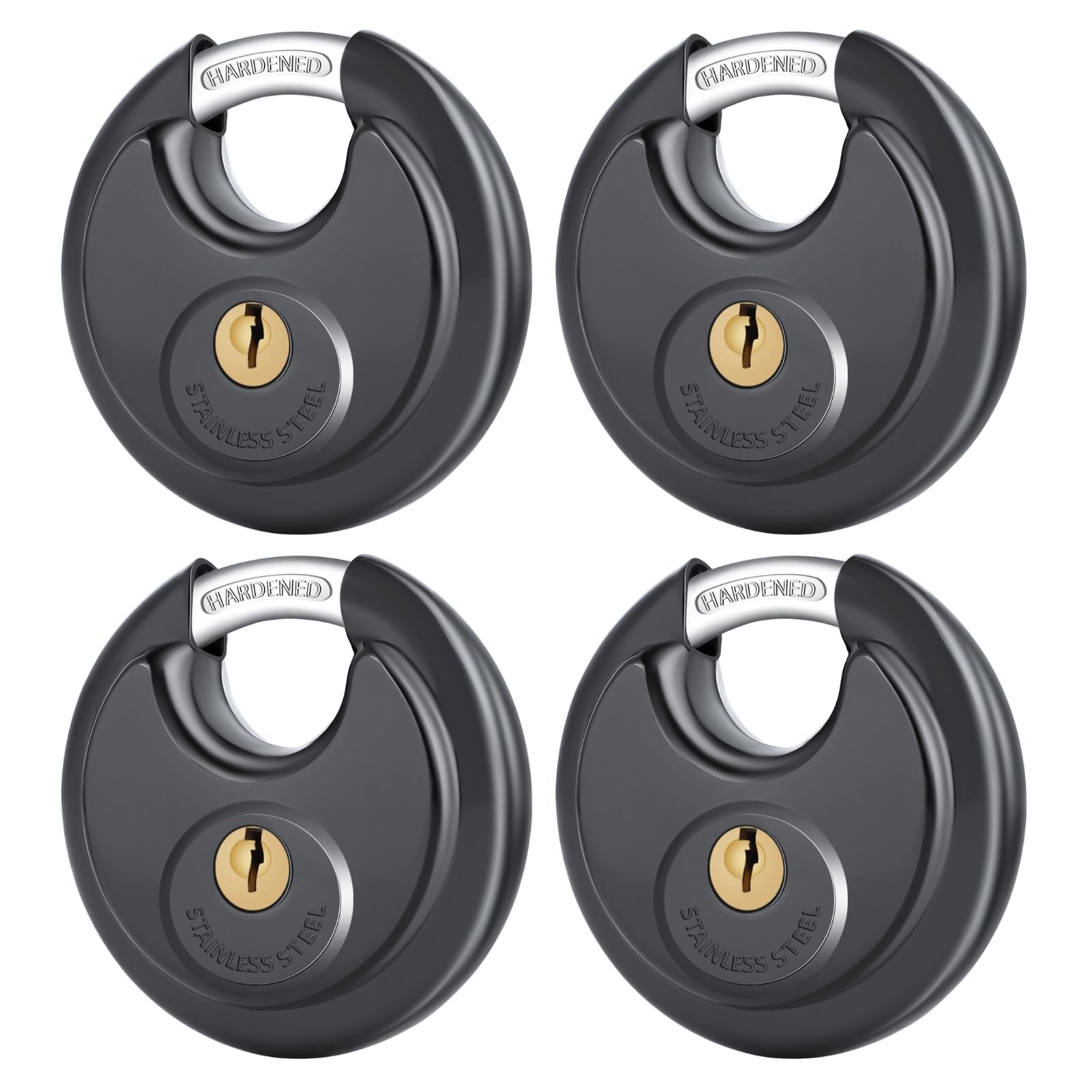 4 Pack Black Keyed Padlocks, 3/8" Shackle Stainless Steel Disc Locks for Outdoor