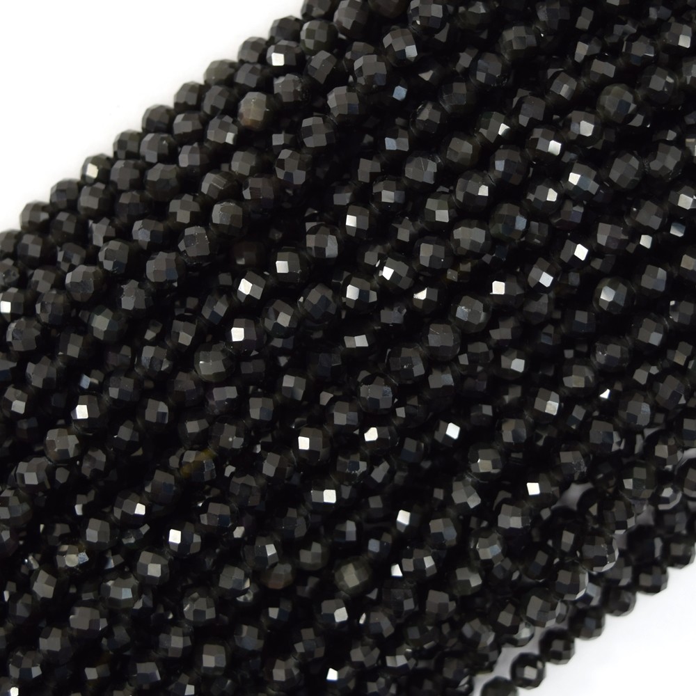 Natural Faceted Black Obsidian Round Beads 15" Strand 3mm 4mm 6mm 8mm 10mm