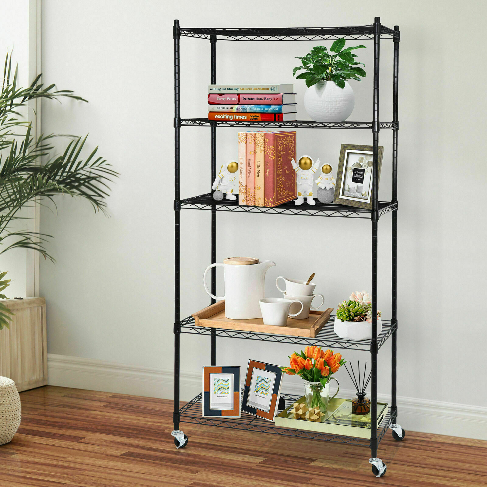 2X 5 Layer Unit Wire Rack Storage Shelf Black Holder Kitchen Display w/ 4 Wheels