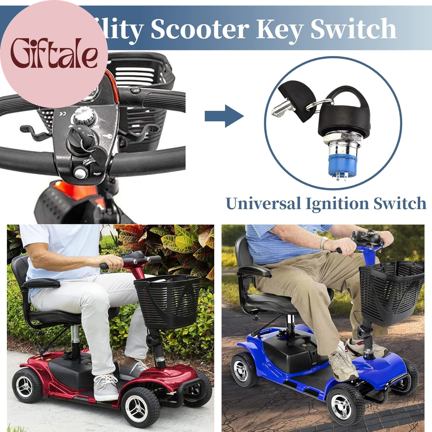 Ignition Switch with Key, Replacement Mobility Scooter Spare Start On/Off Igniti