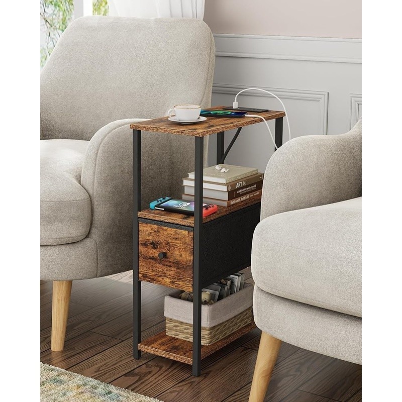 End Table Charging Station Nightstand USB Type C Fabric Drawer Storage Shelves