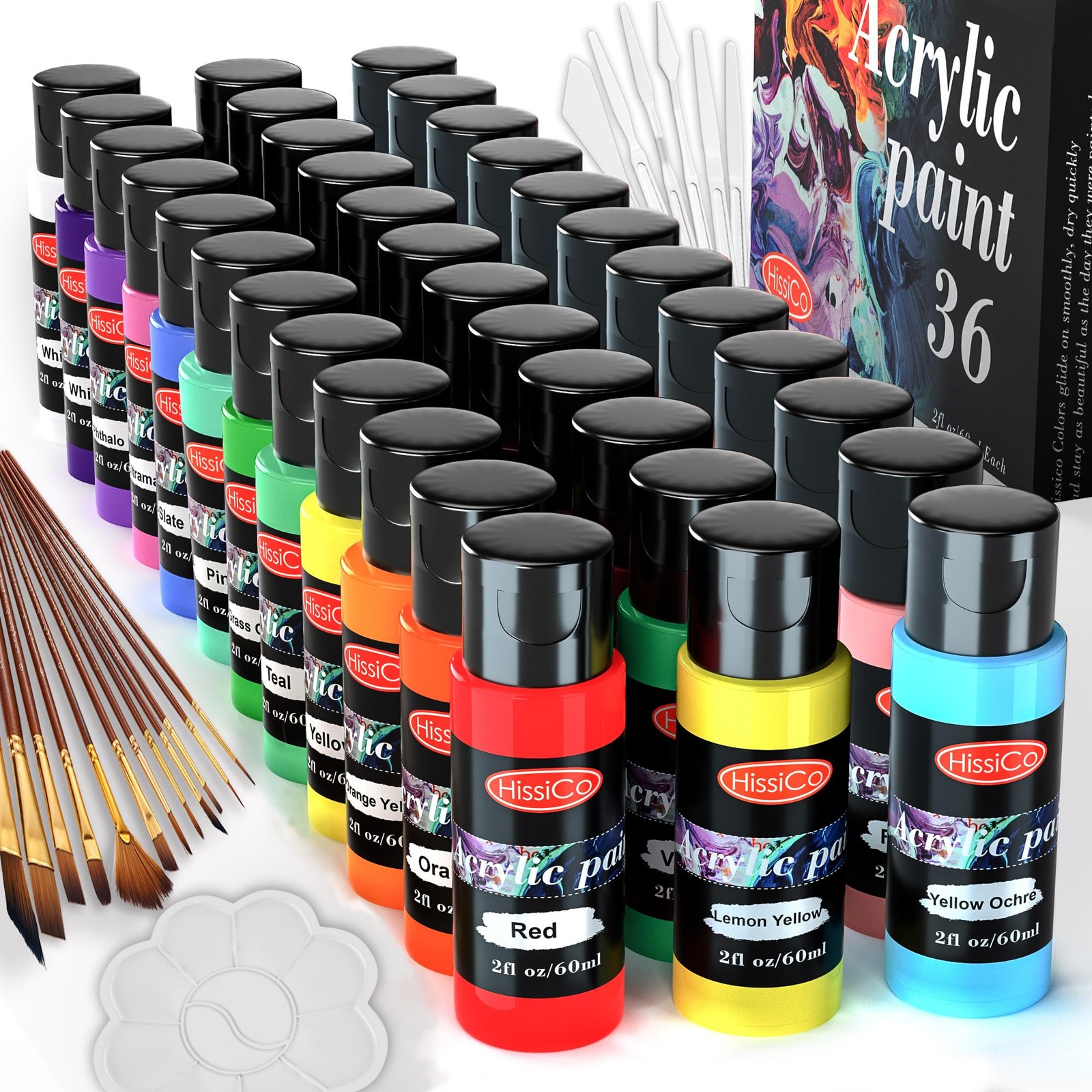 55PCS Acrylic Paint Set 40 Piece Set, 36 Colors 2 fl oz/60 ml
