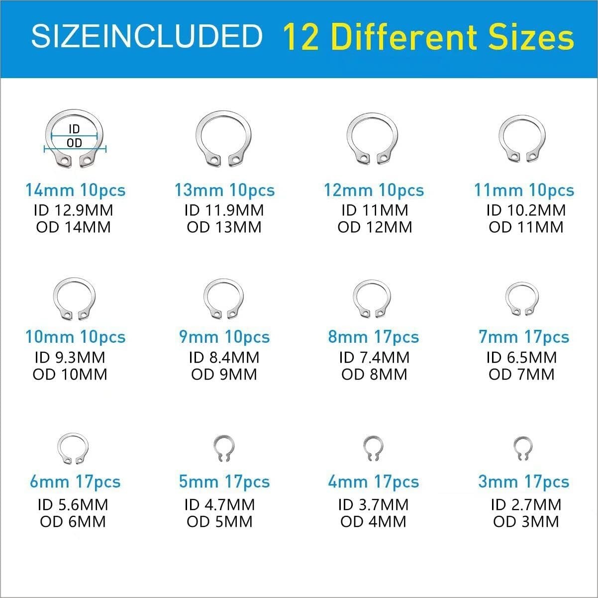 327Pcs Stainless Steel E-Clip C-Clips Circlip Kit Retaining Ring Assortment Set