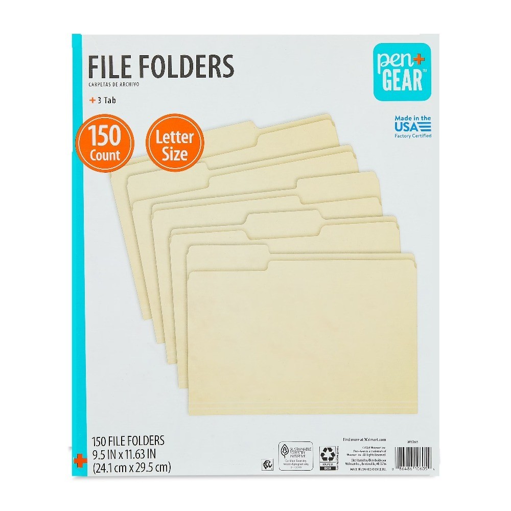 File Folders, Letter, Manila, 1/3 Cut, 150 Count