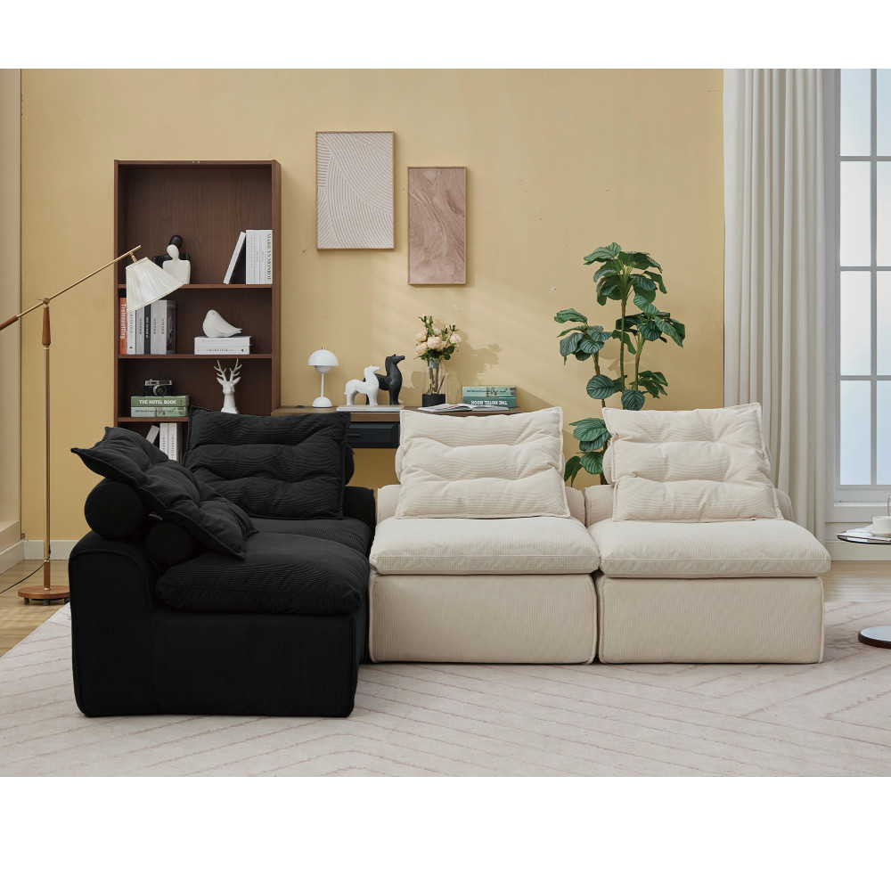 4-Piece Armless Corduroy Modular Sofa w/ Neck & Lumbar Pillows, Beige & Black