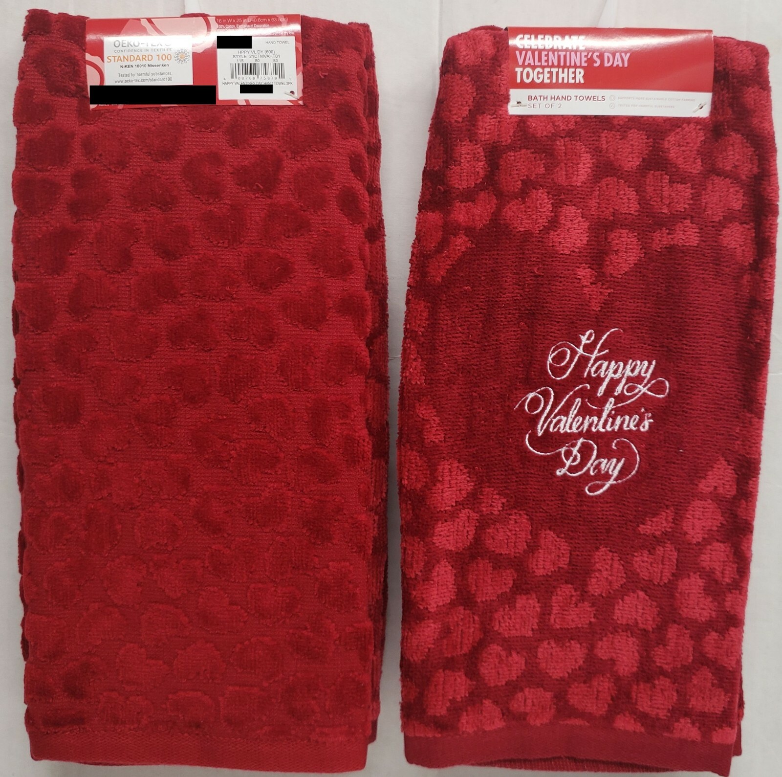 2 DIFFERENT EMBROIDERED TERRY TOWELS (16"x25") HAPPY VALENTINE'S DAY ON RED, KO