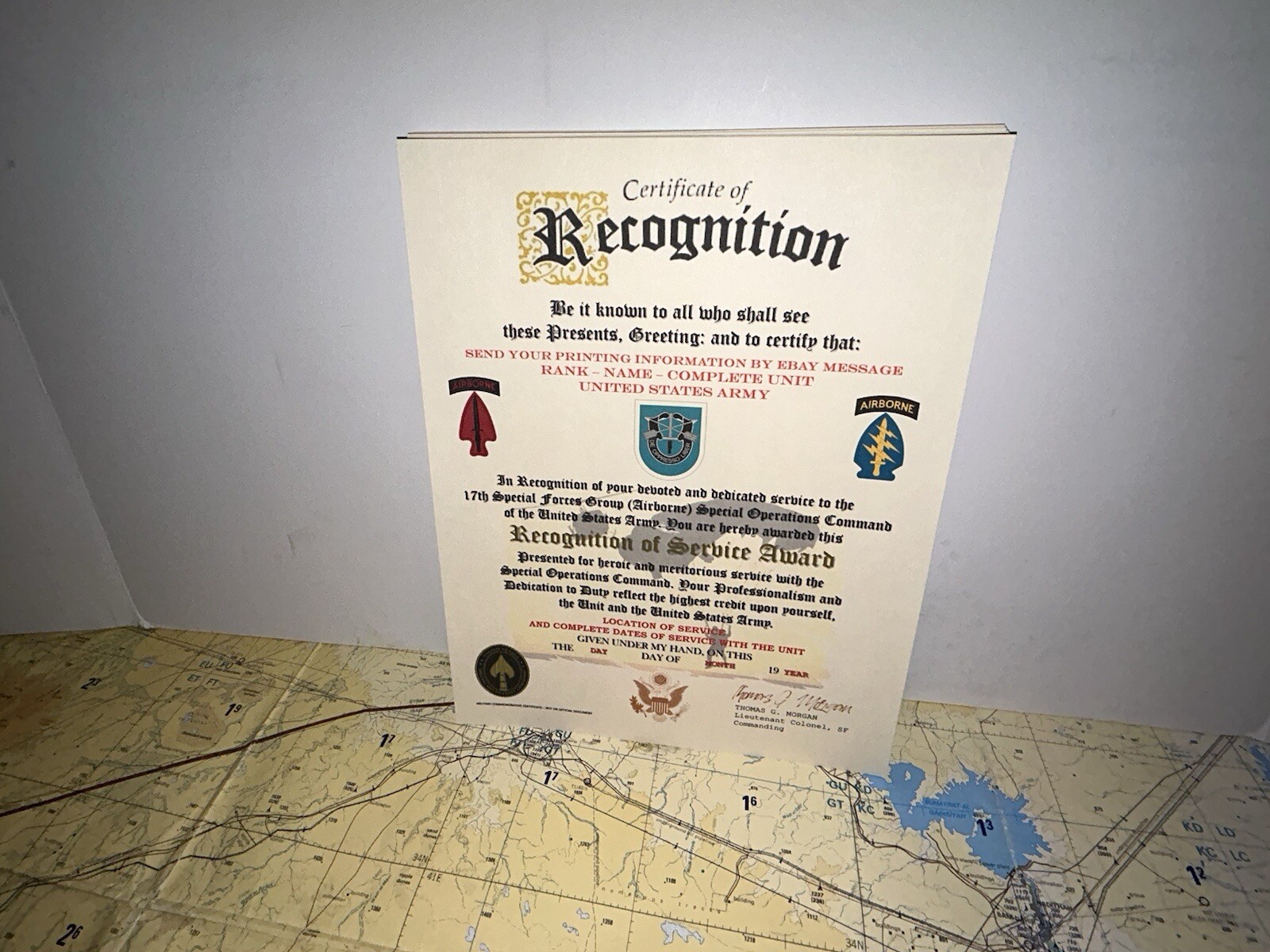 U.S. ARMY - 17TH SPECIAL FORCES GROUP (ABN) RECOGNITION OF SERVICE AWARD