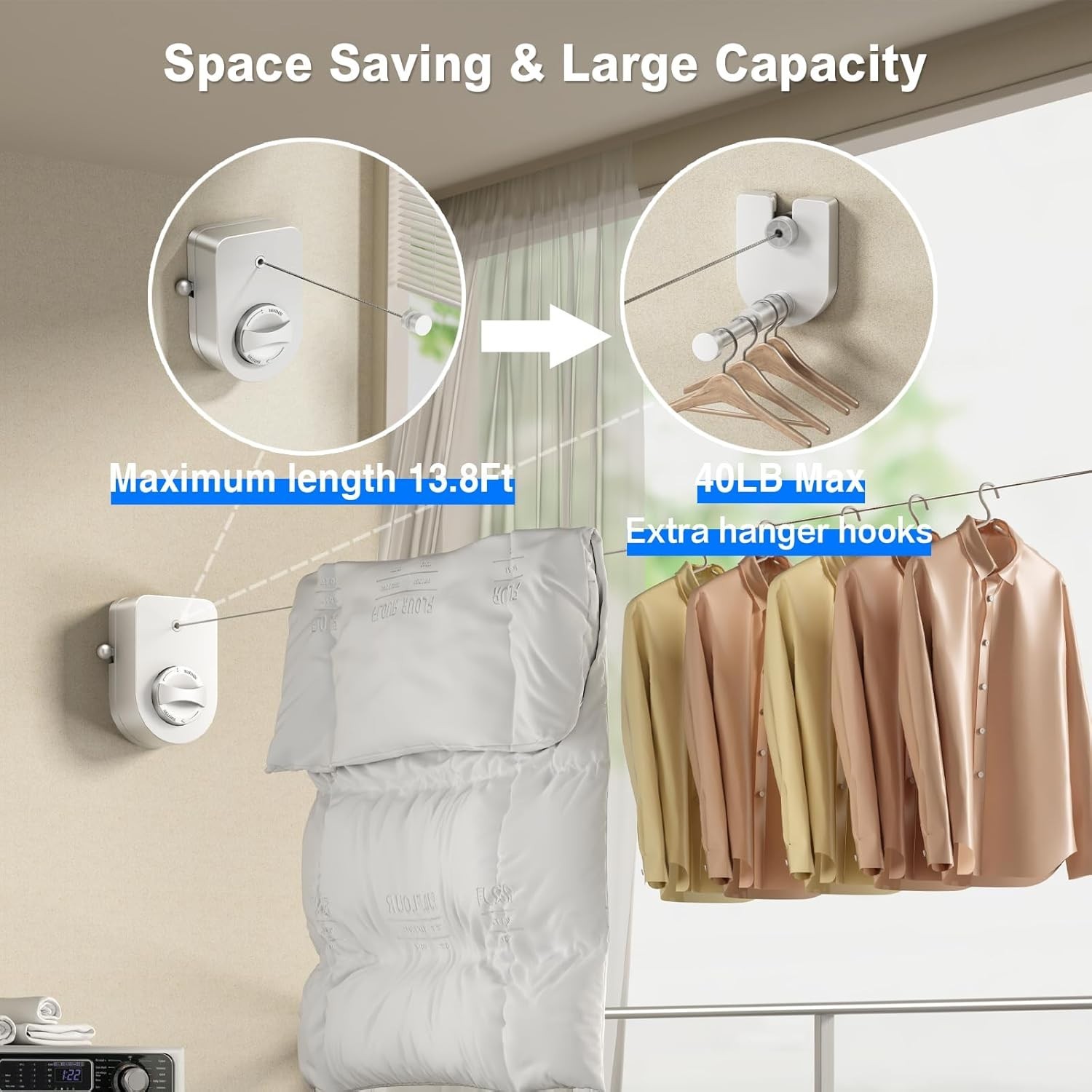 Stainless Steel Retractable Clothesline - 13.8 ft Non-Sagging Solution