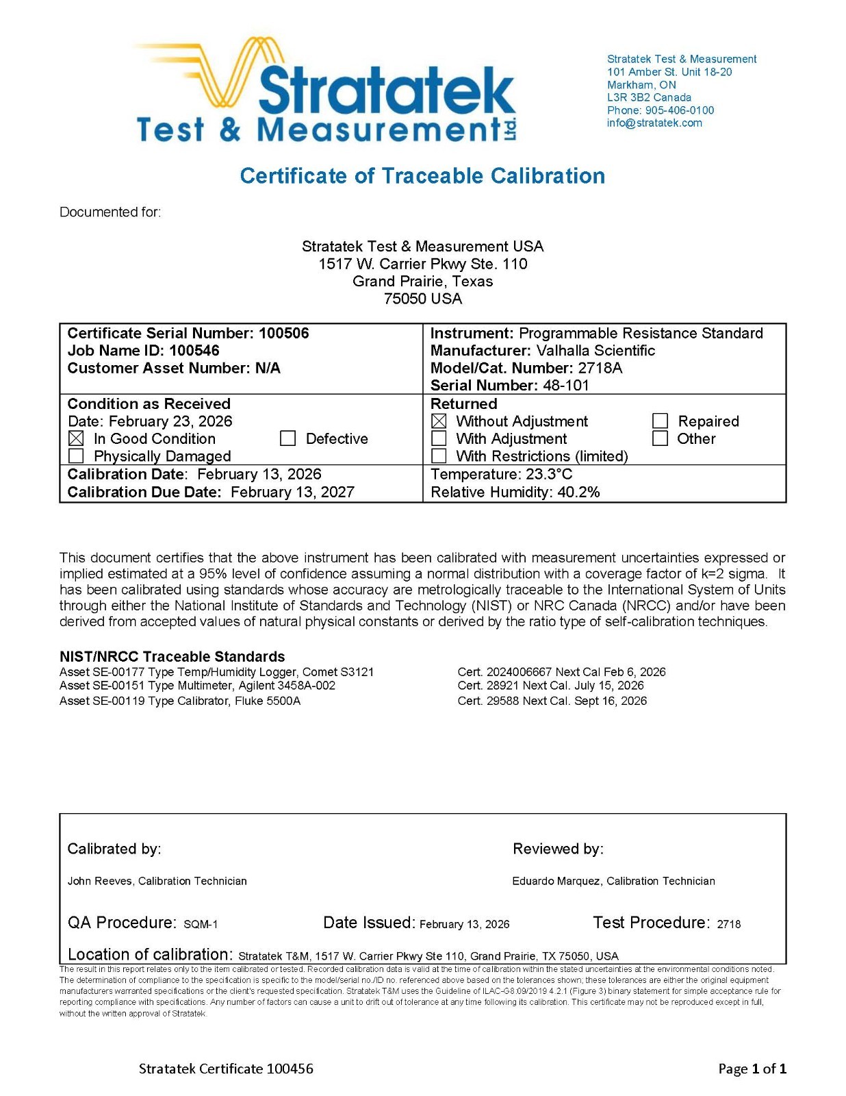 Valhalla Scientific 2718A Programmable Resistance Standard - NIST Calibrated