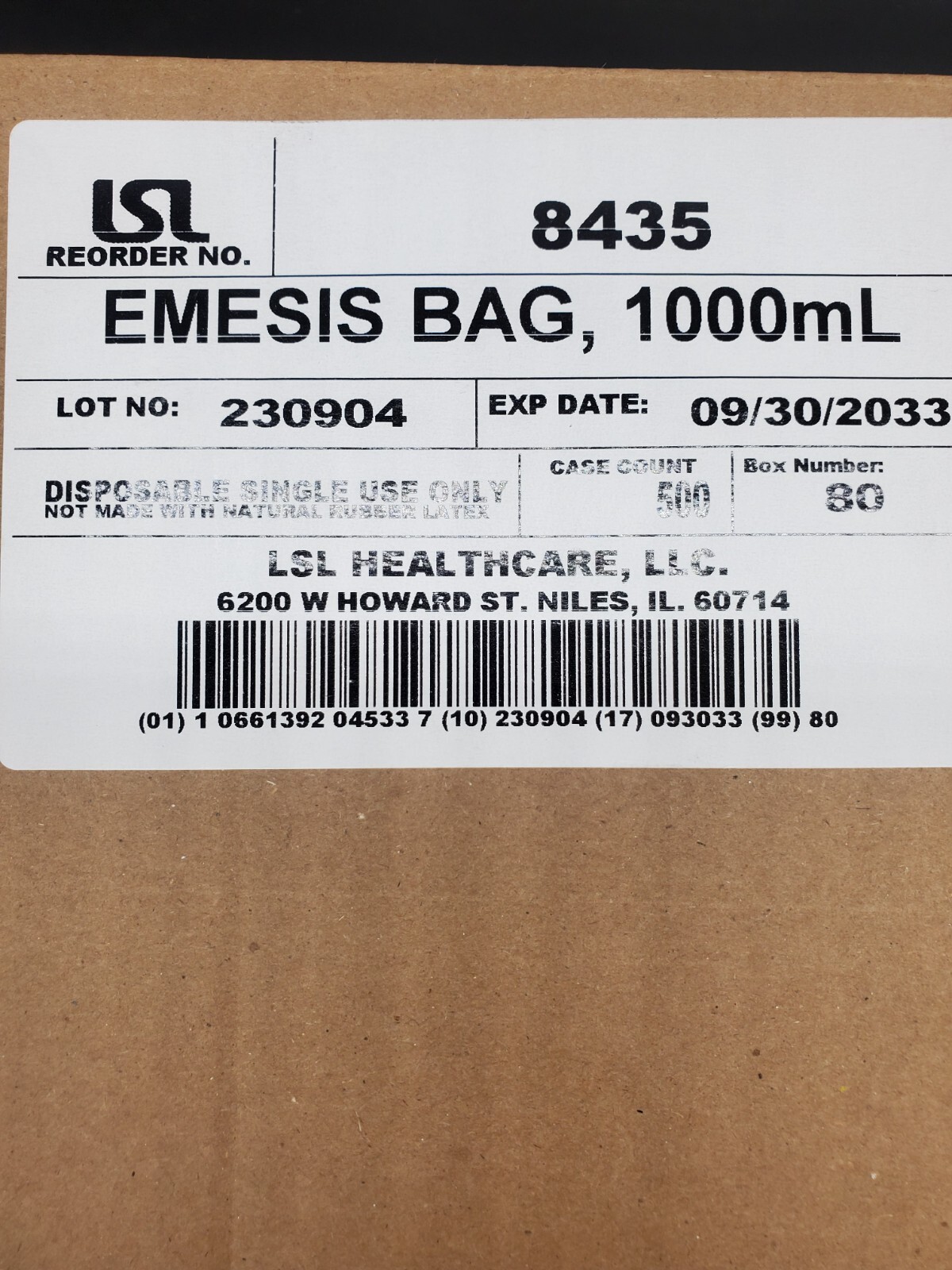 500 pack LSL Healthcare EMESIS BAGS 1000ML 50 pack