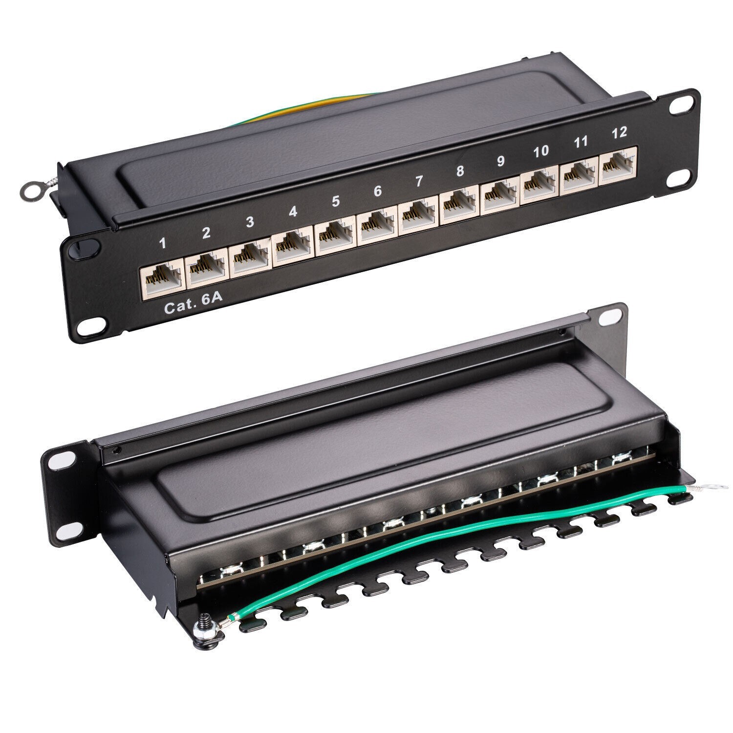12-Port Cat6A Shielded Patch Panel 0.5U 10" Ethernet Network Cable Rack Mount