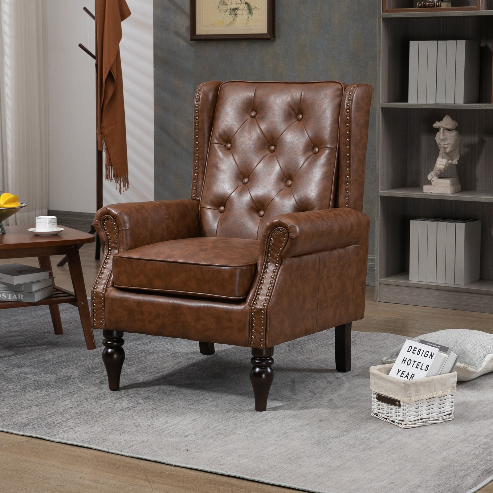 Modern Wood Frame Armchair with PU Leather Upholstery for Living Room
