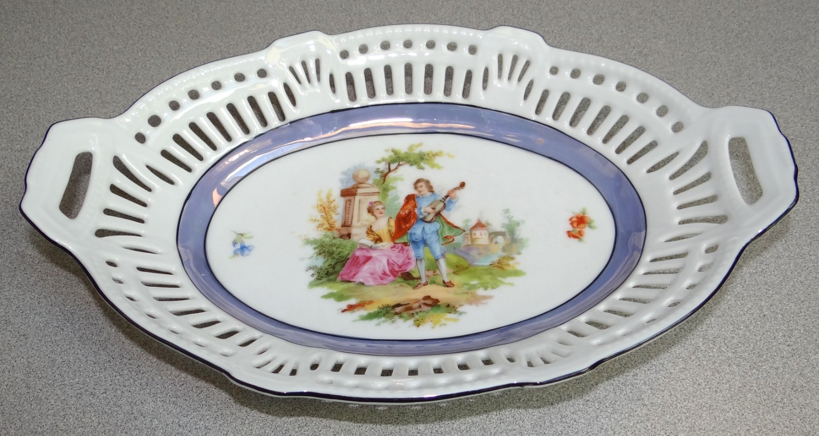 Reticulated Oval Dish, Courting Scene, Germany, 11.25" x 7.25"