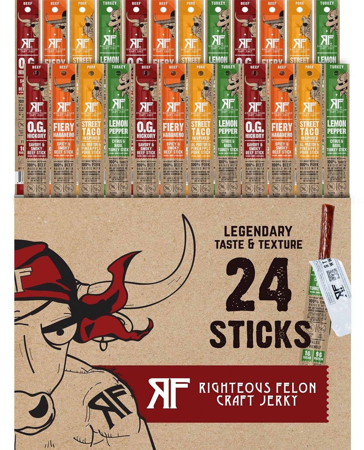 Righteous Felon Variety Meat Sticks, 24 Count, 100% Grass Fed Beef/Turkey/Pork,