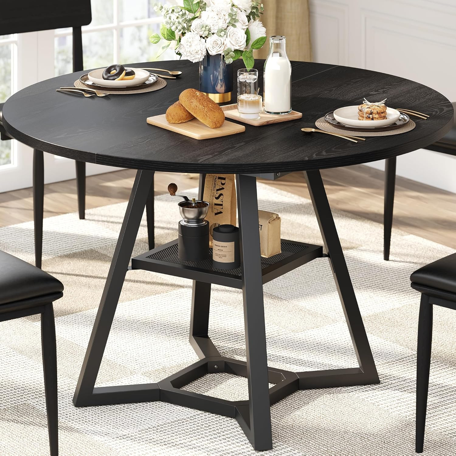 43" Round Dining Table for 4 - Space-Saving Black Wood & Metal Design