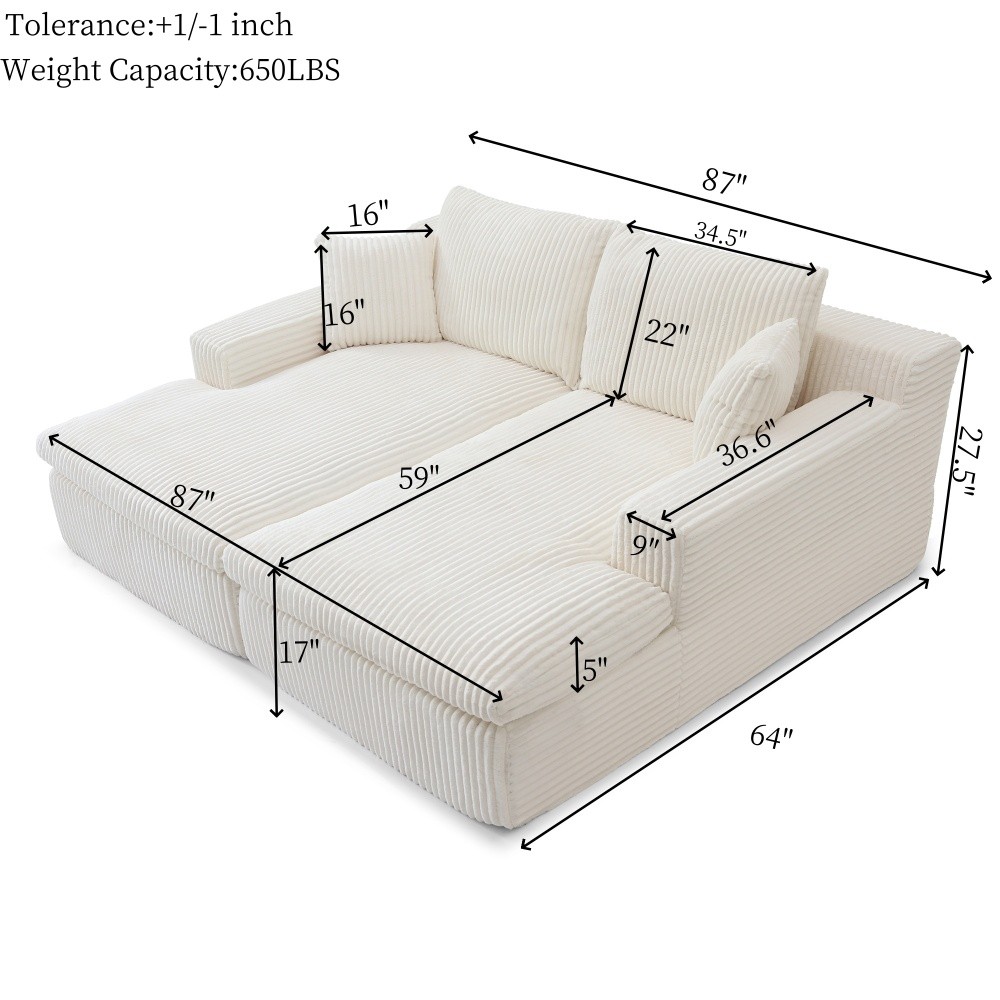 Beige Corduroy Sectional Sofa Bed w/ Double Chaise, No Assembly, 165lb Weight