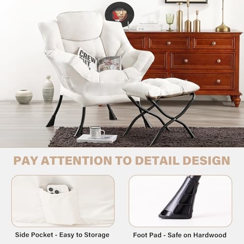 Lazy Chair with Ottoman, Modern Large Accent Lounge Armchair, Peach Skin Beige