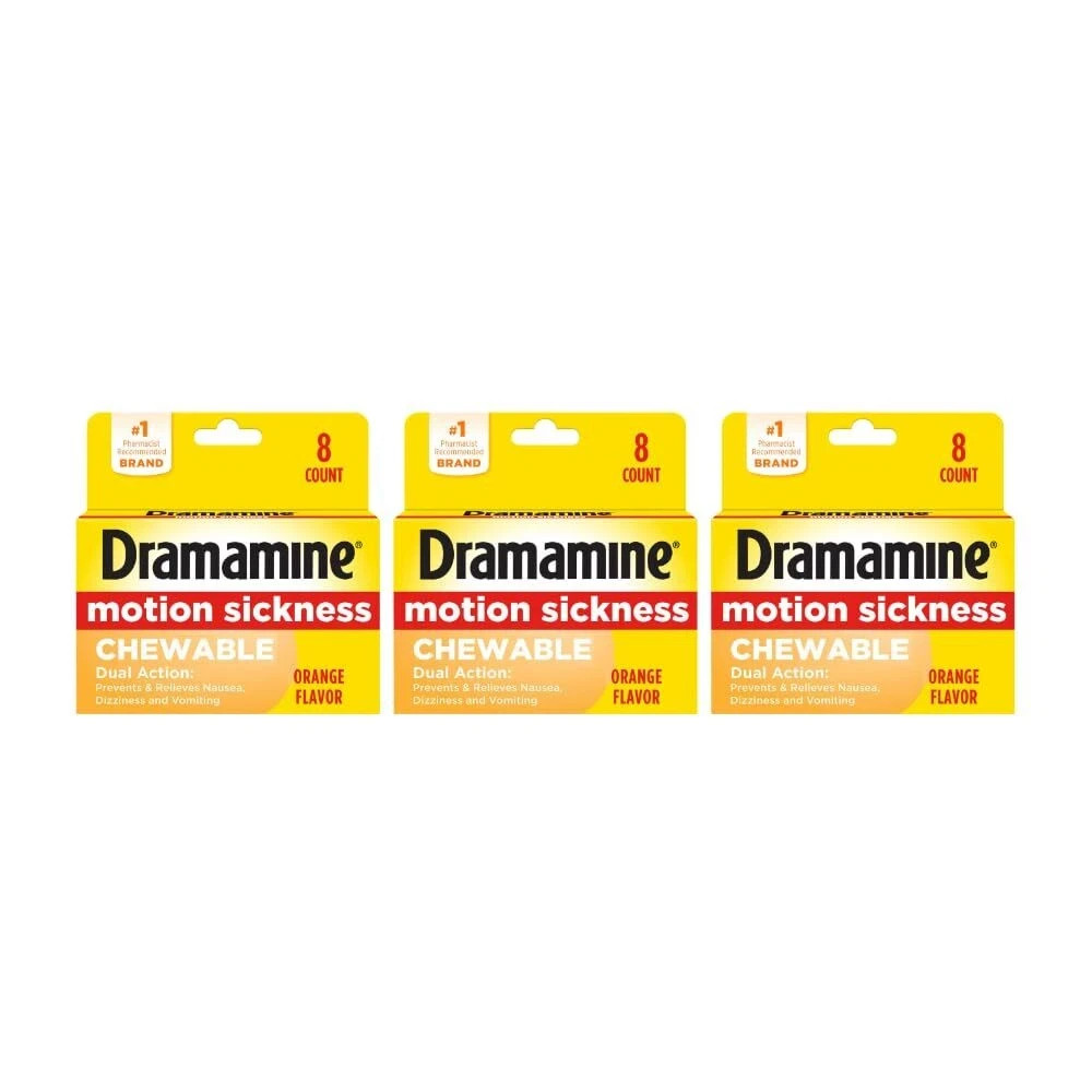 Dramamine Motion Sickness Chewable Tablets 8 Ct Orange Flavor 3 Pack EXP 03/2026