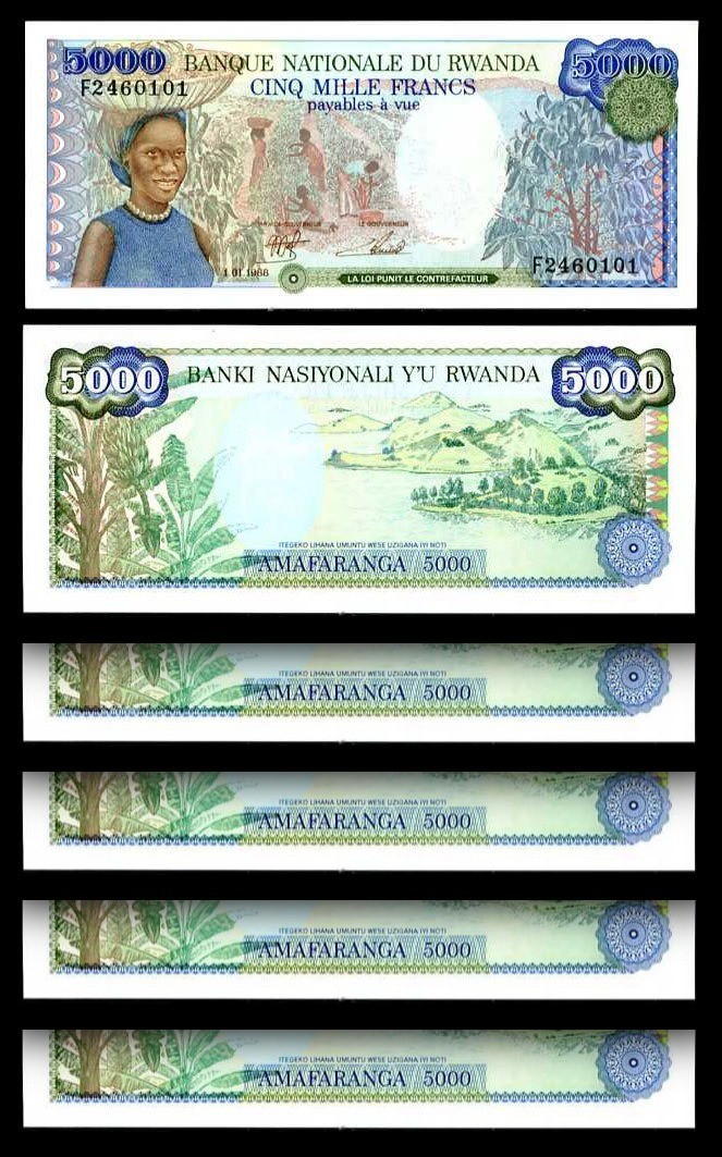 Rwanda 5000 Francs 1988, UNC, 5 Pcs Consecutive LOT, P-22a, Prefix F