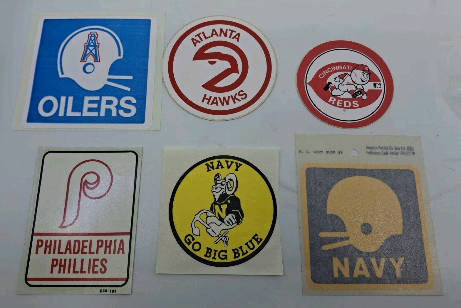 Vintage 1970s 1980s NFL MLB NCAA Decal Lot Oilers Hawks Reds Navy Phillies