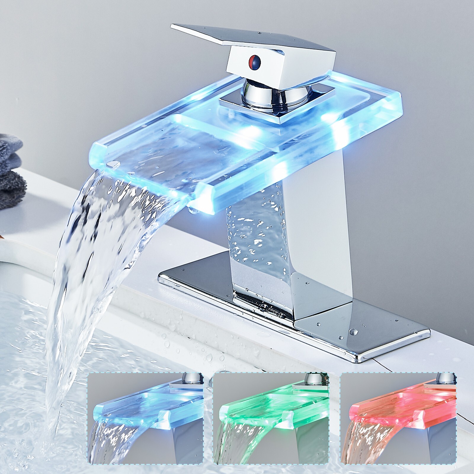 Chrome Bathroom Sink Faucet LED Waterfall Vanity Mixer Single Handle with Cover
