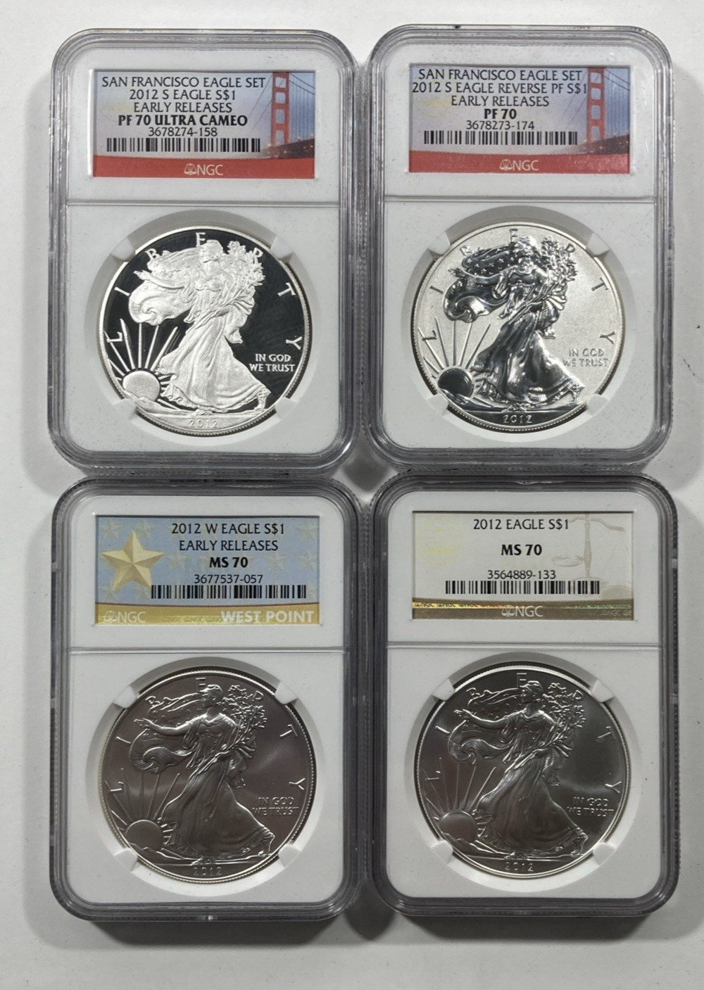 2012 4pc. Silver Eagle 1.00 Set. NGC MS70. All Varieties