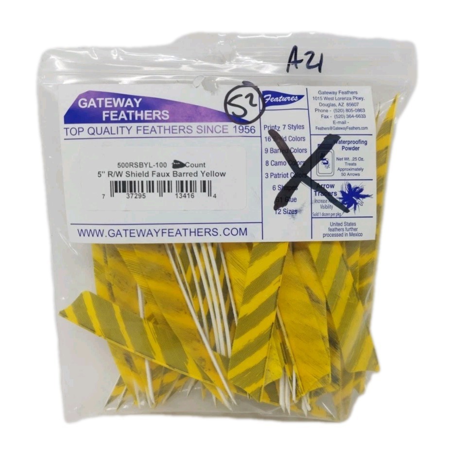 52 Count Gateway Arrow Feathers 5" Right Wing: Shield Faux Barred Yellow