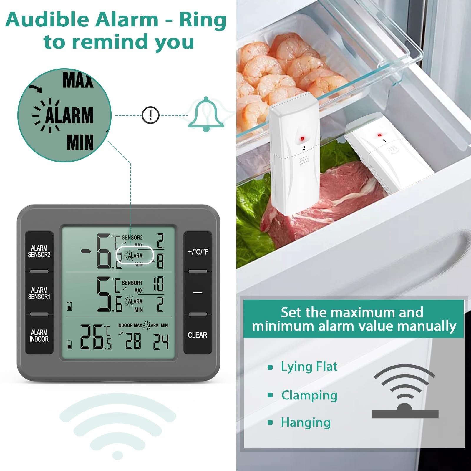 ORIA Refrigerator Thermometer, (New Version) Wireless Digital Freezer Thermom...