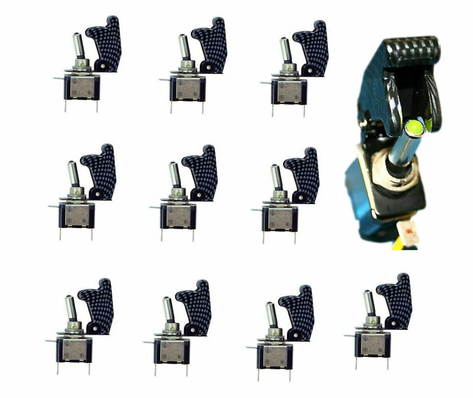Set of 10 Carbon Fiber Look Green Light Led Aircraft Type Toggle Switch 12V Dc