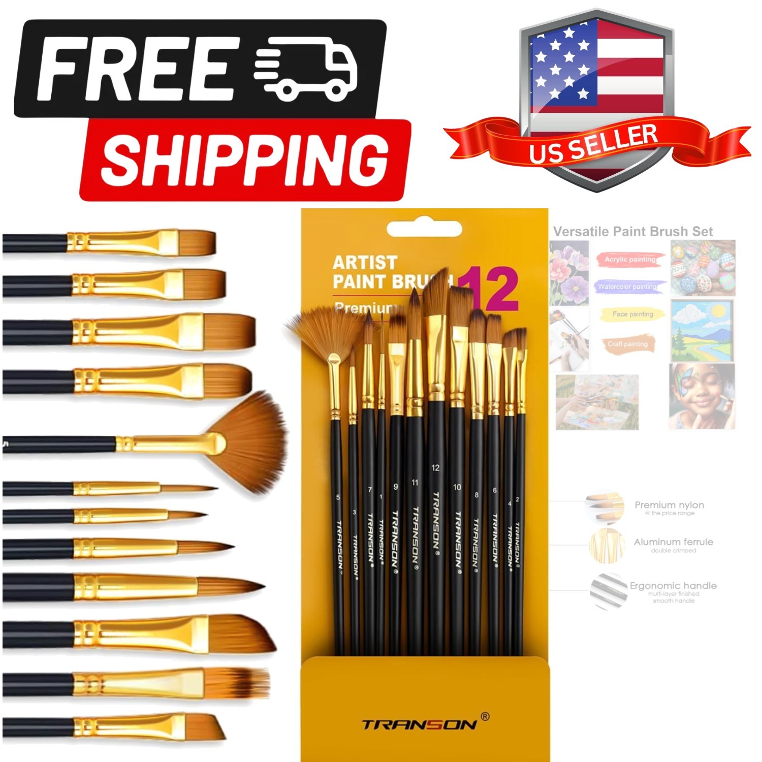 Art Painting Brush Assorted Set of 12 for Acrylic Watercolor Gouache Hobby Pa...