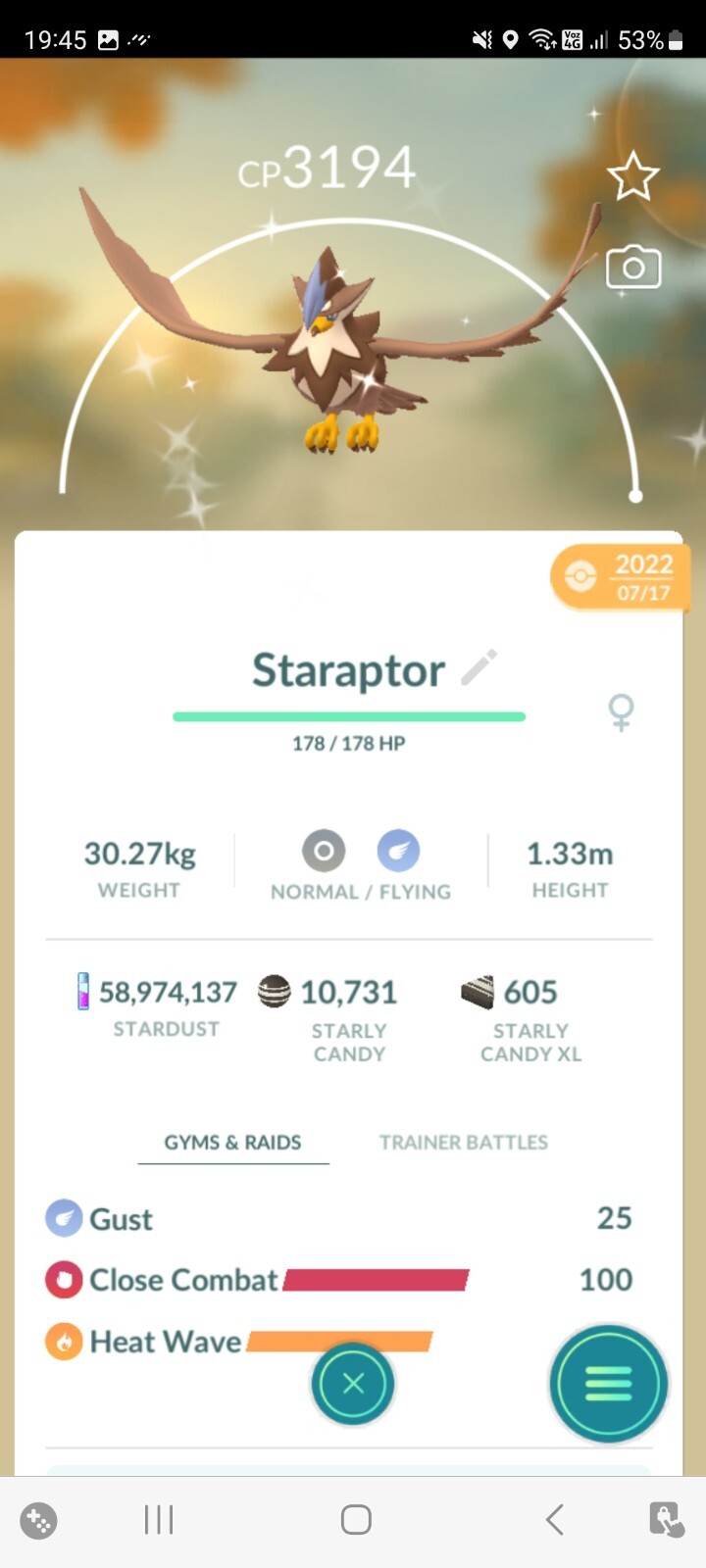 💪PVP BEASTS!💪✨ TOP MAXED SHINY STARAPTOR W/2ND MOVE +3100CP!✨ - PKMN GO