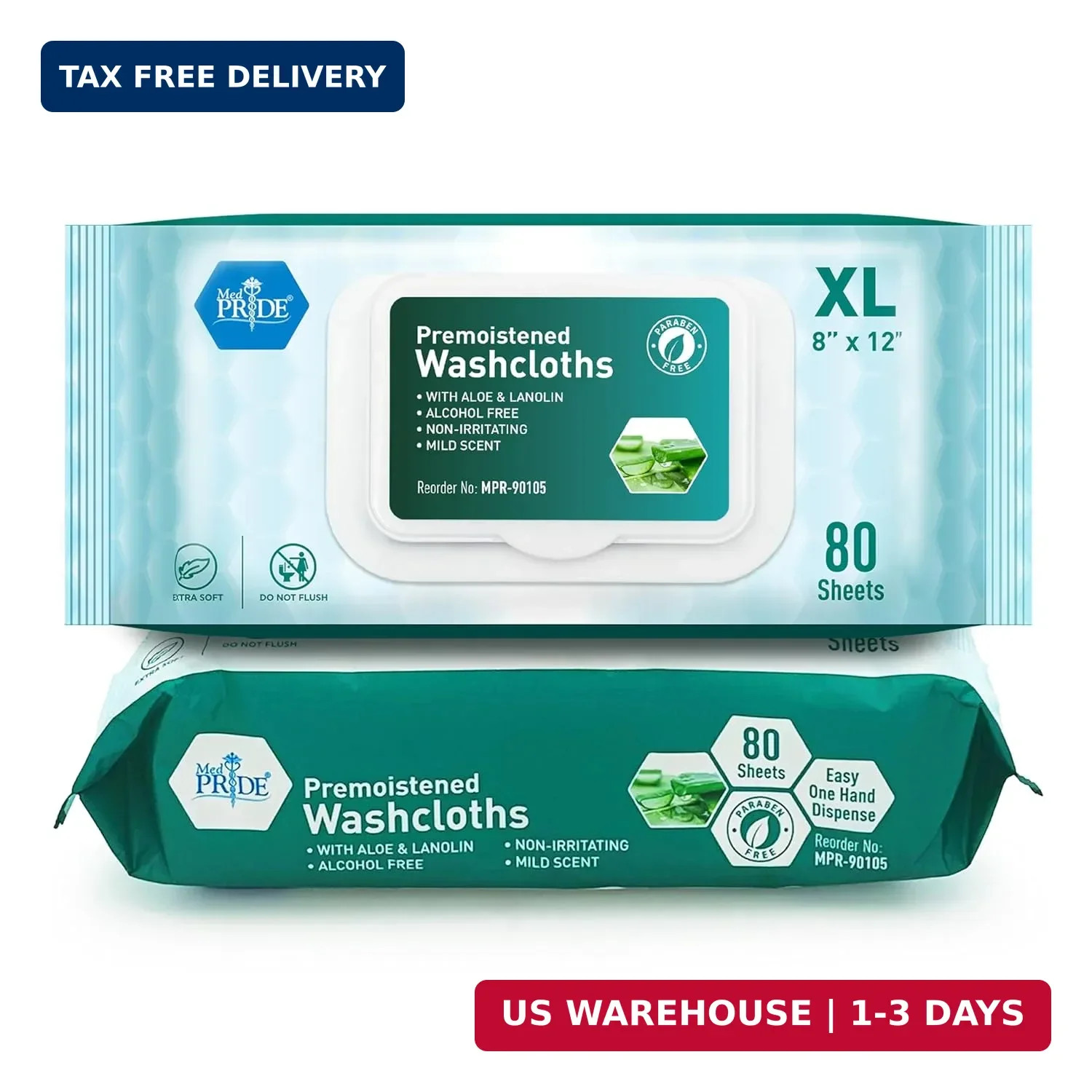 MED PRIDE Disposable XL Premoistened Washcloths 8" x 12" Pack of 80 - Adult Clot