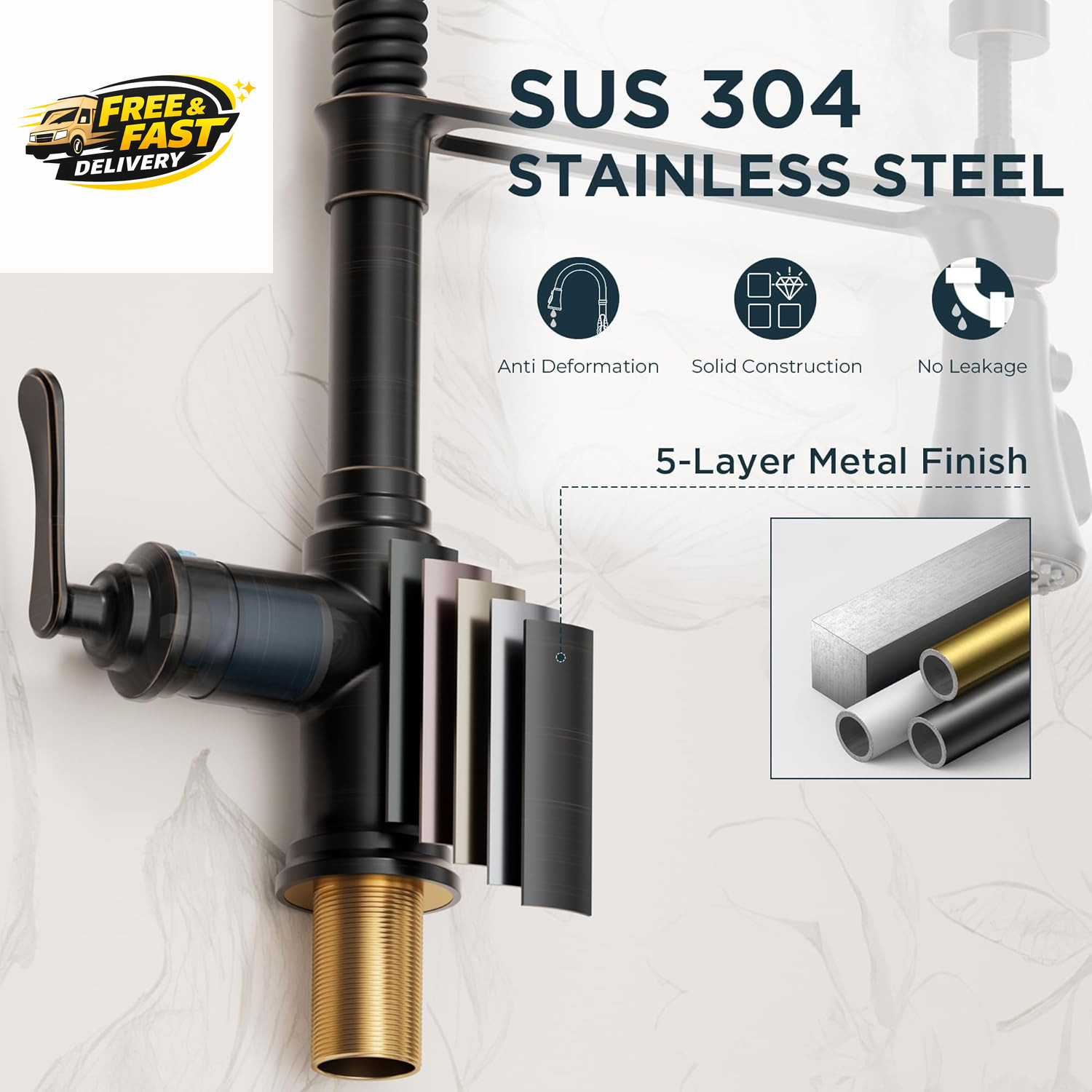 Rustic Kitchen Faucet with Pull down Sprayer Oil Rubbed Bronze, 3 Modes Stainles