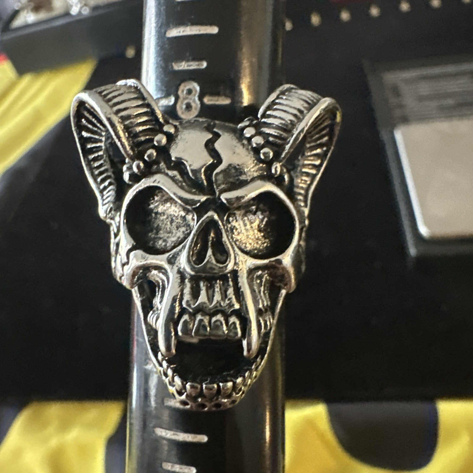HORNED SKELETON METAL BIKER RING mens jewelry devil head ram gothic punk Sz 9