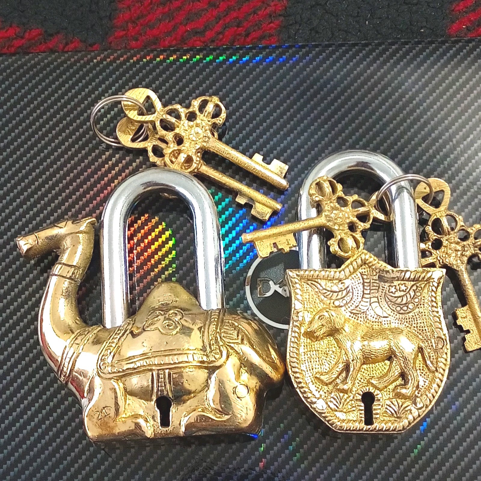 2pc Keyed Animal Padlocks Gold/Silver Metal Elephant & Dog w/ 4 Keys