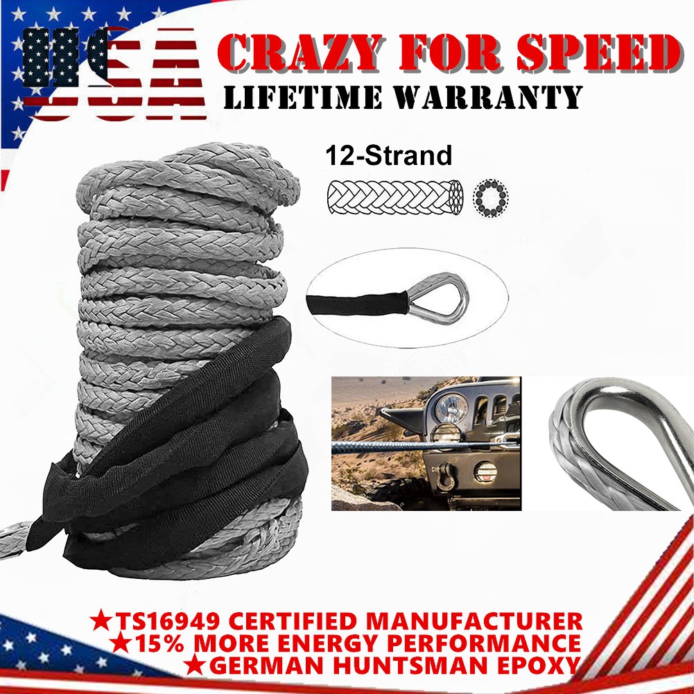 1/4"x50' 10000LBS Synthetic Winch Rope Line Recovery Cable 4WD ATV Gray W/ Guard