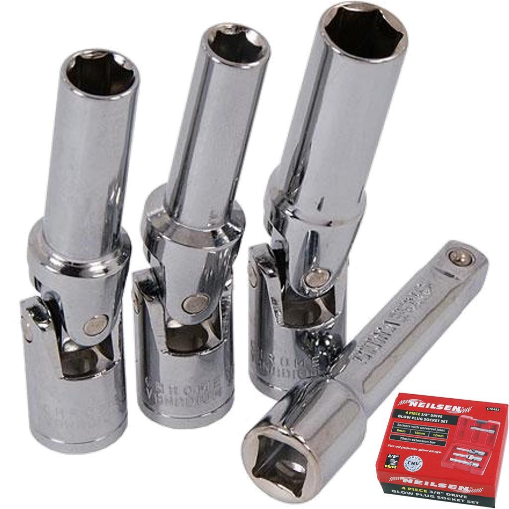 Neilsen 4pc Glow Plug Universal Joint Socket Set Metric Sockets Hub Removal 3/8"
