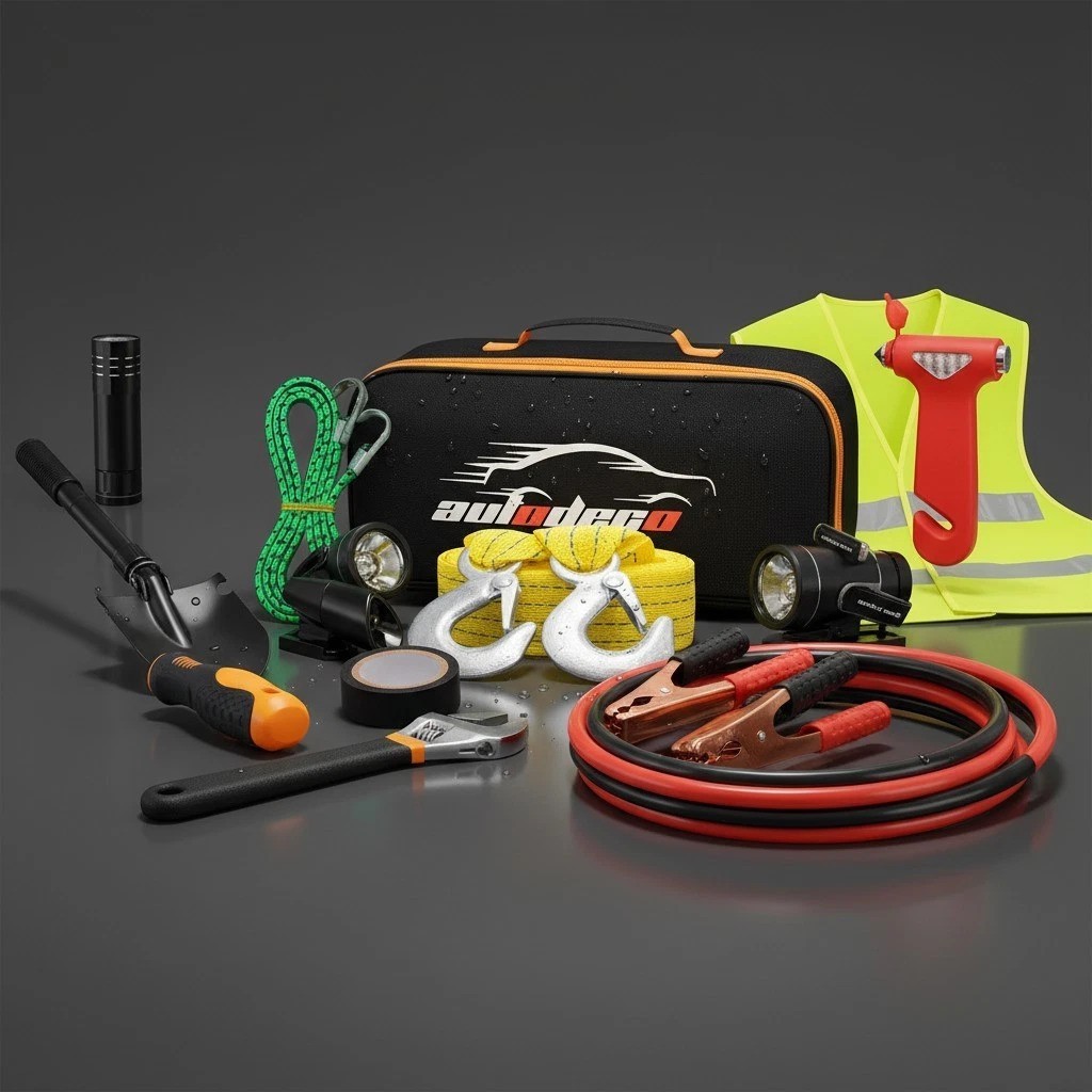 Vehicle Roadside Assistance Kit with Jumper Cables and Repair Gear