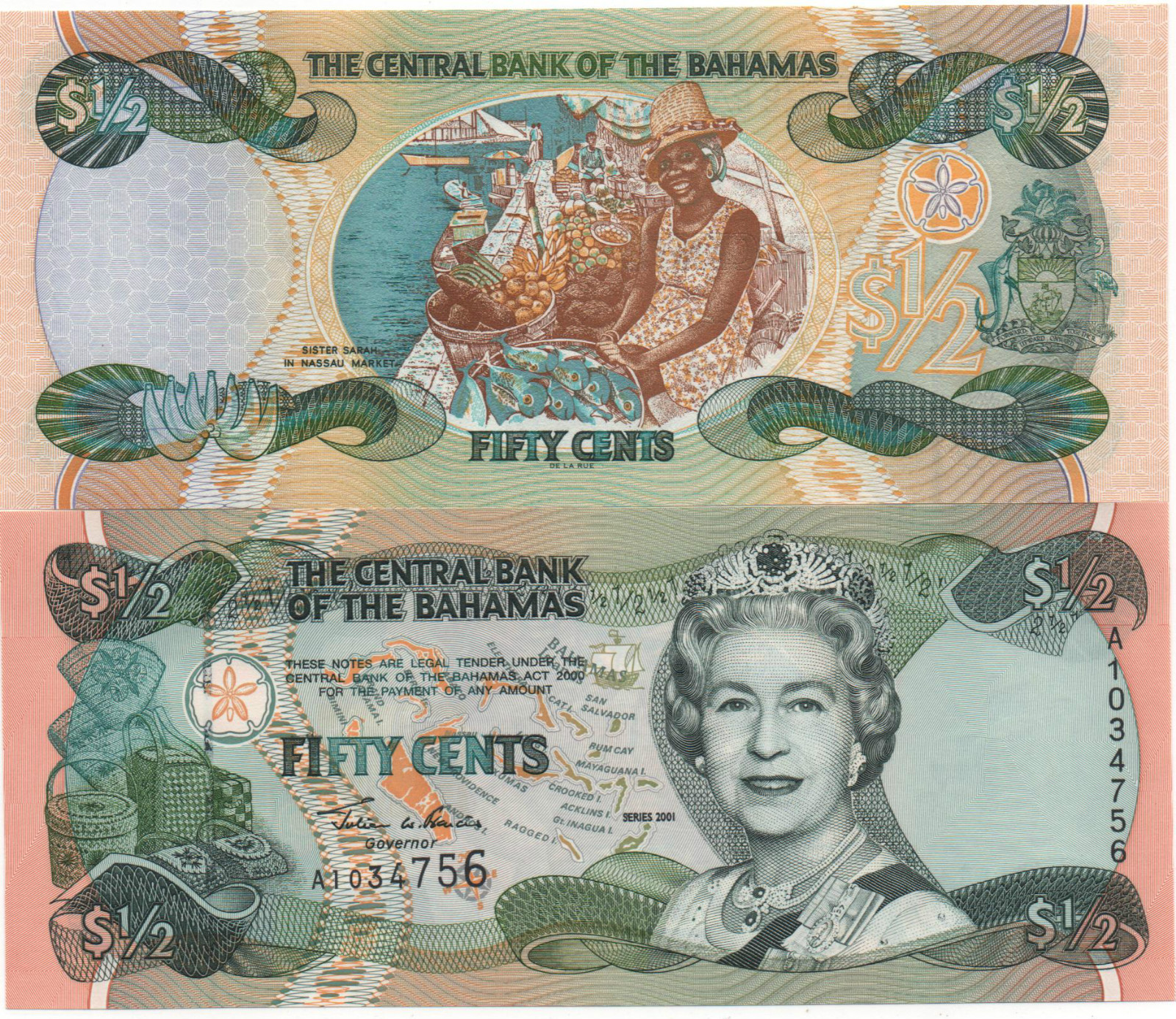 BAHAMAS 50 CENTS 1/ HALF DOLLAR 2001 PICK 68 UNC