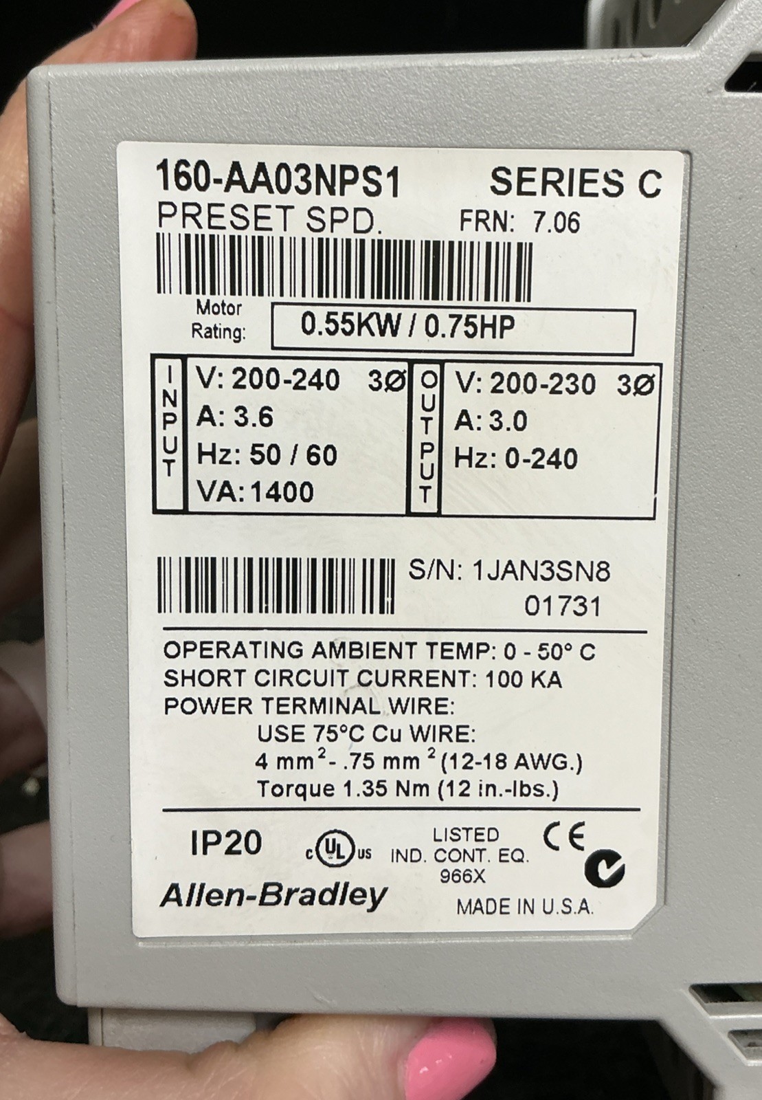 Allen-Bradley 160-AA03NPS1 Series C Speed Controller