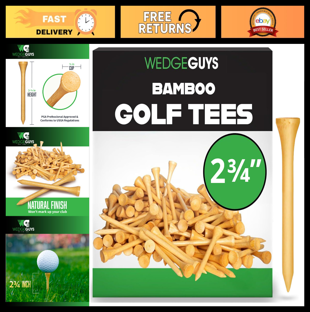 Bamboo Golf Tees 2.75" & 3.25" | Extra Durable, Biodegradable, PGA Approved | Bu