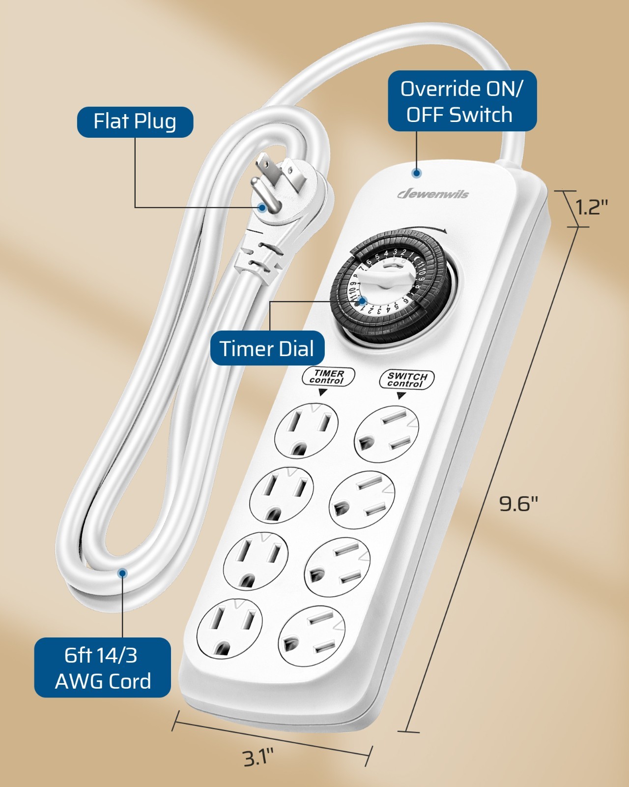 DEWENWILS Mechanical Timer Power Strip with 8 Outlets, Flat Plug, 6ft Long Cord