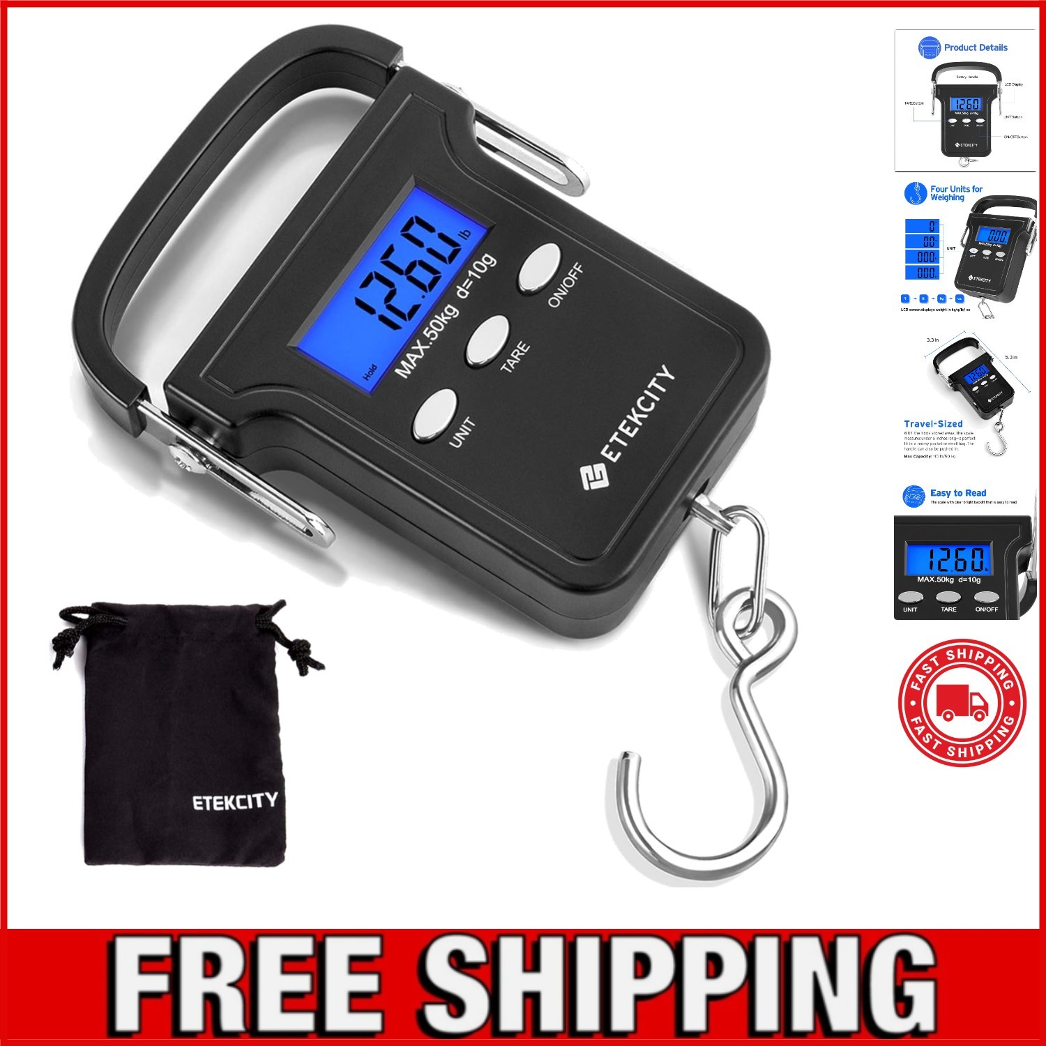 Lightweight 110 lb Digital Hanging Scale with Stainless Steel Hook & Carry Pouch