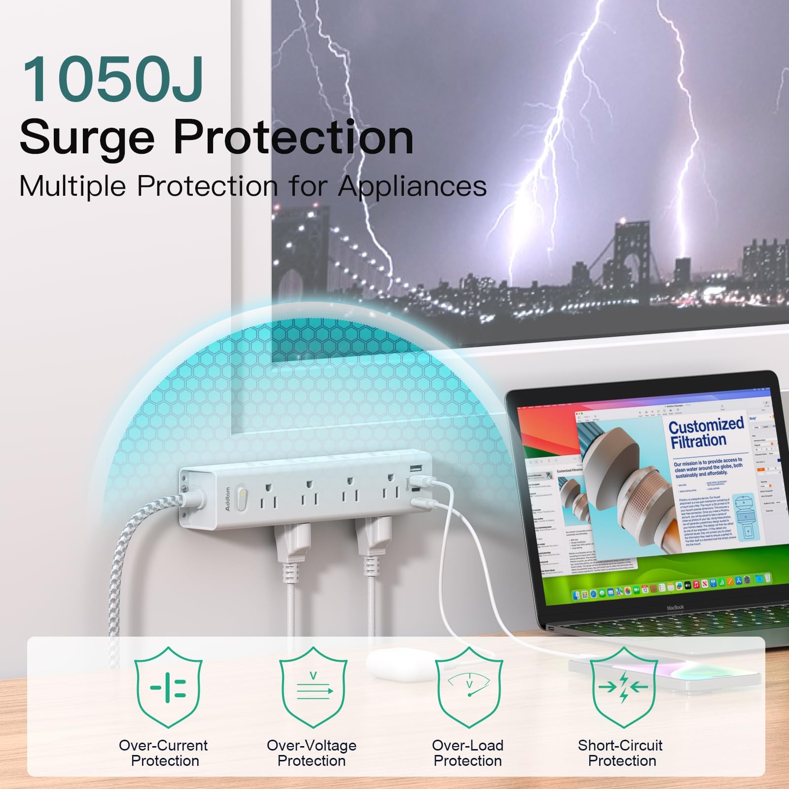 Surge Protector Power Strip - 10 FT Extension Cord, 10FT, White