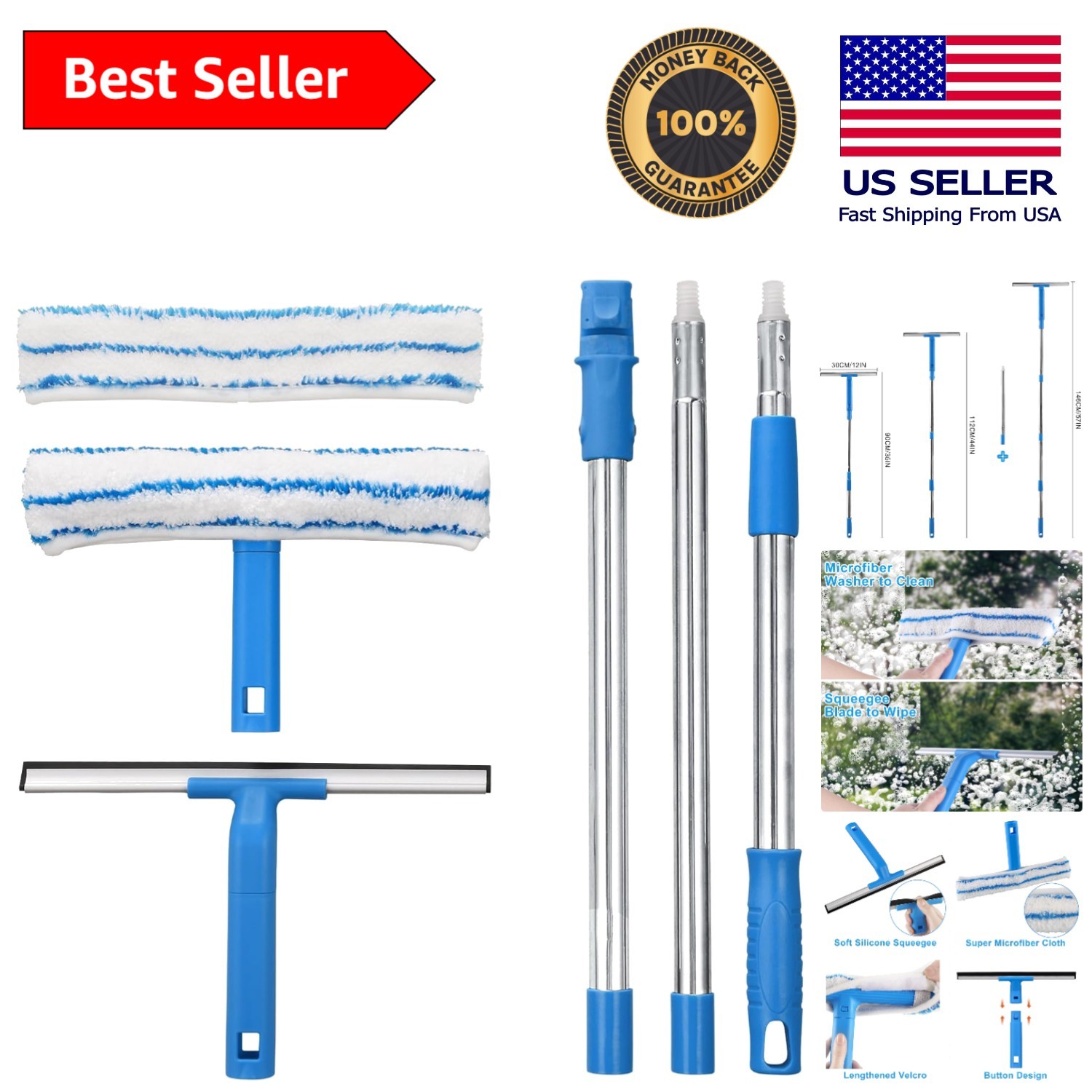 Window Washer with Long Handle: 57IN Squeegee & Microfiber for Perfect Shine